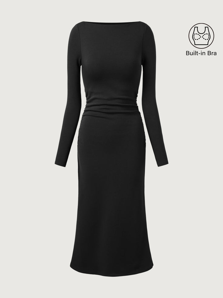 Thermal Boatneck Ruched Sides Brami Midi Dress Black XS
