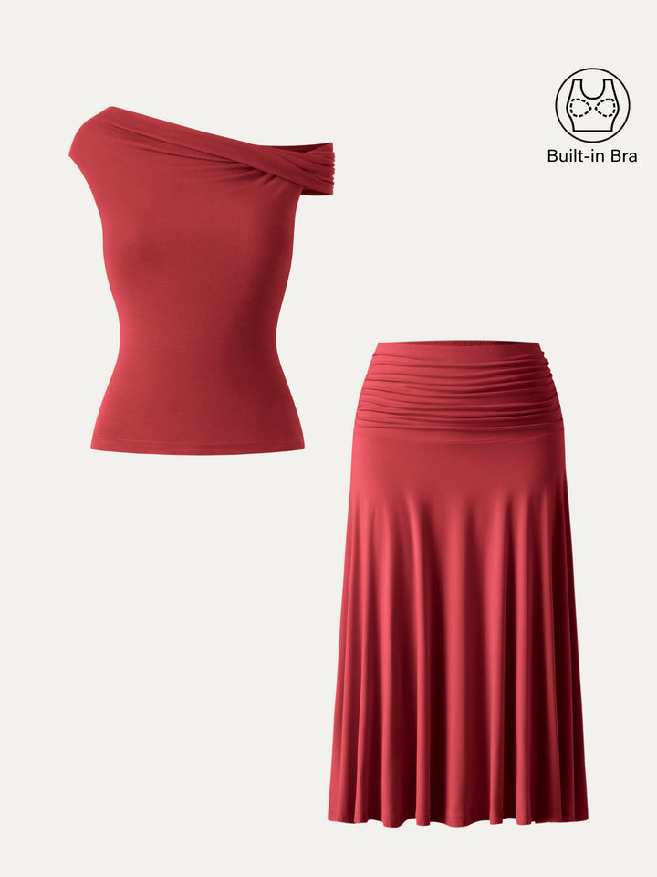 2Pcs Set Multi-wear Necklines Brami Top & Flowy Side Ruched A-line Midi Skirt Red XS