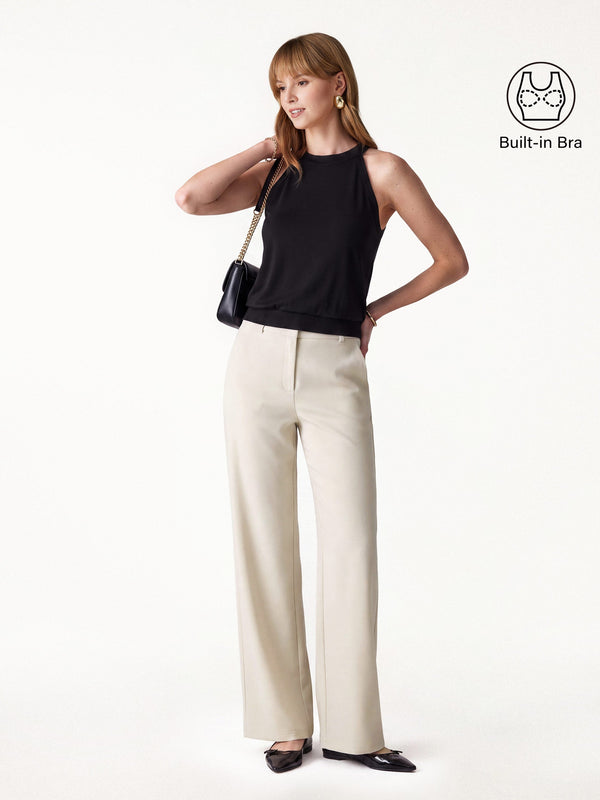 OGLmove 2Pcs Set Halter Neck Bra Top & Mid Rise Fly-Front Wide Leg Trousers Black/Morning Mist XS