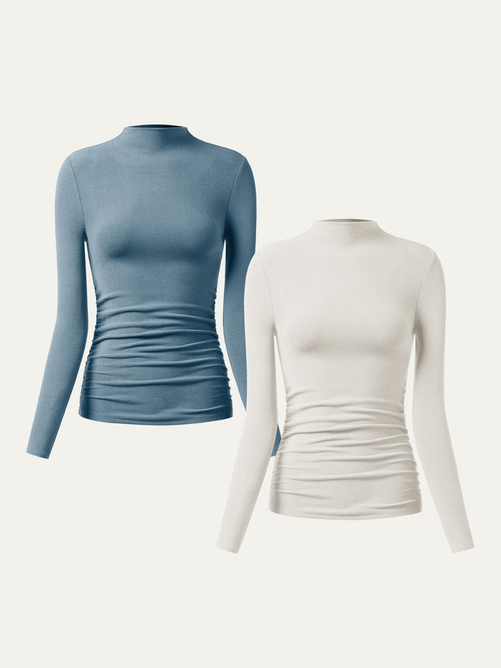 2Pcs Set Thermal Ruched Sides Tuckable Mockneck Top Off White/Dusk Blue XS