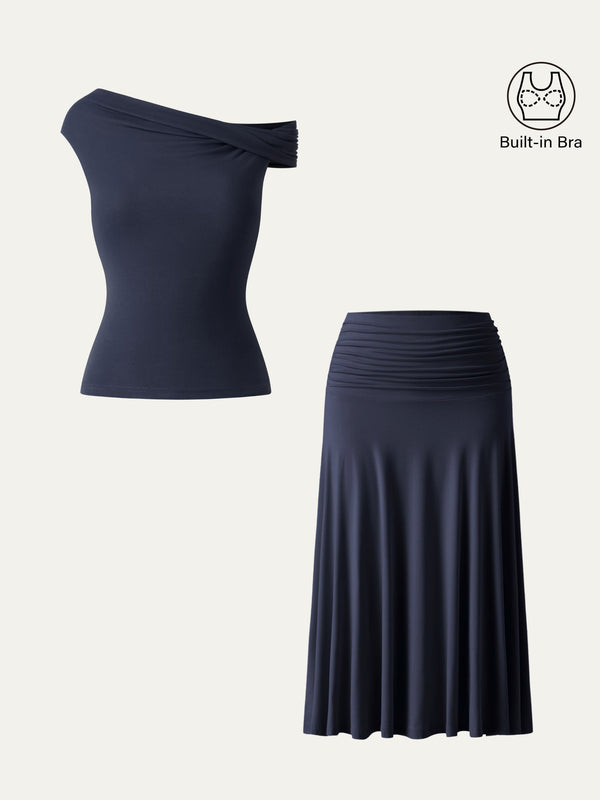 2Pcs Set Multi-wear Necklines Brami Top & Flowy Side Ruched A-line Midi Skirt Midnight Navy XS