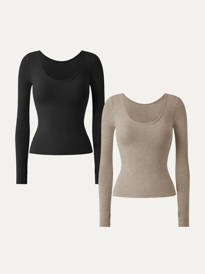 2Pcs Set Lyocell Cashmere Multi-Wear Long Sleeve Top with Thumbholes Black/Heather Calico XS