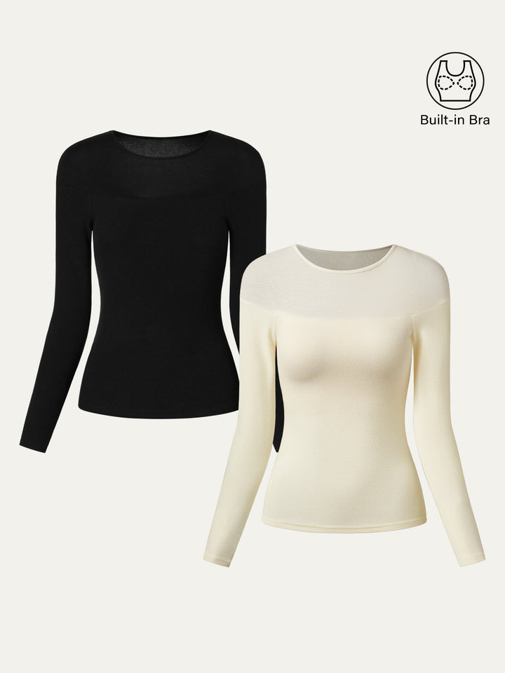 2Pcs Set Wool Sheer Shoulder Brami Top Off White/Black XS