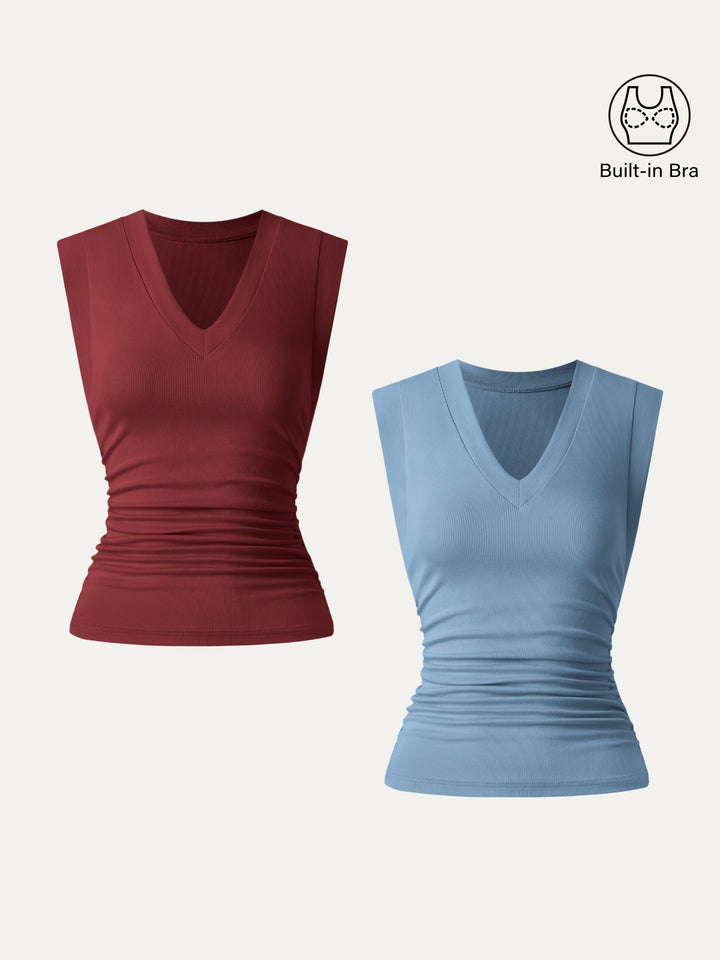 2Pcs Set Brami Stretch Cotton V-neck Side Ruched Muscle Top Retro Red/Dusk Blue XS