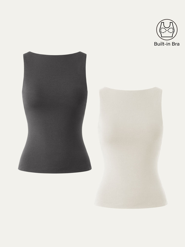 2Pcs Set Soft Boatneck New Airy Brami Tank Milk Cream/Light Night Charcoal XS