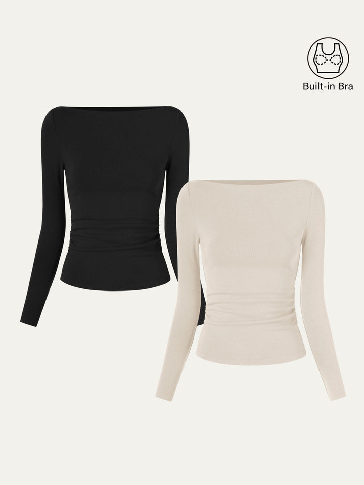 2Pcs Set Modern Side Ruched Boatneck Brami Top Black/Morning Mist XS