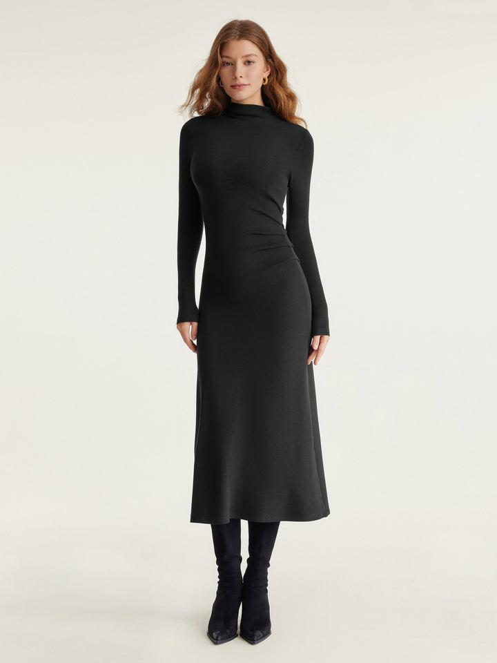 ProWarm Long Sleeves Mockneck Tucks Midi Dress Regular Black