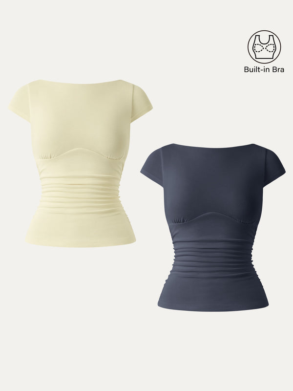 2Pcs Set Sandwashed Boatneck Cap Sleeve Ruched Brami Butter Yellow/Deep Navy XS