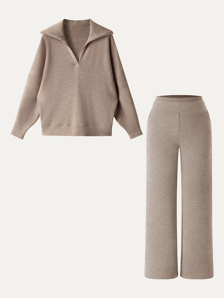 2Pcs Set Petite Double Waistband Straight Pants & V-Neck Batwing Sleeve Pullover Taupe/Heather Taupe XS