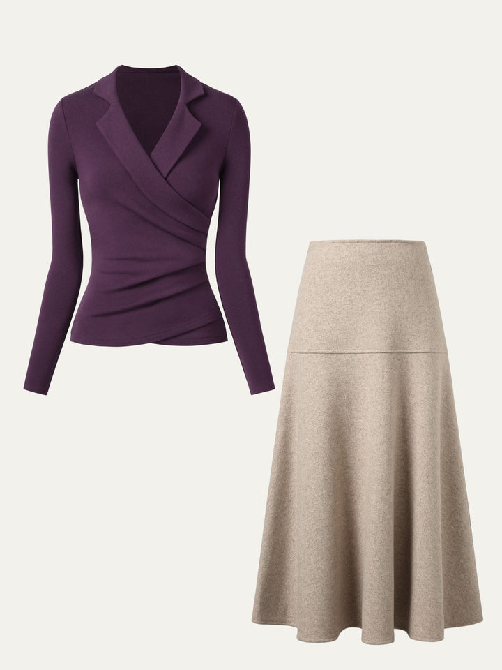2Pcs Set Collared Surplice Top & Flared Maxi Skirt Deep Fig/Heather Oatmeal XS