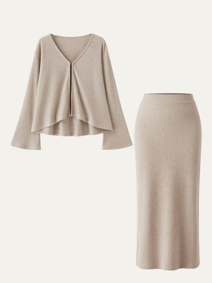 2Pcs Set V Neck Flare Cardigan & High Waisted Midi Skirt Heather Mist XS