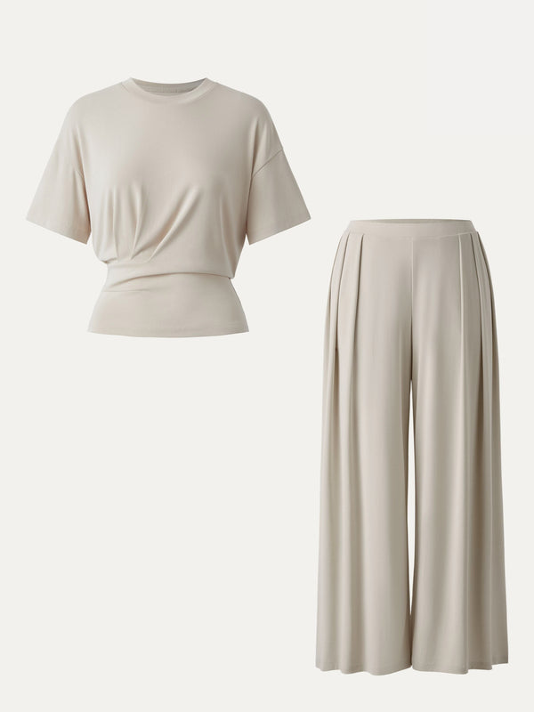 2Pcs Set Sandwashed Crewneck Tee & Mid Rise Pleated Wide Leg Pants with Pockets Morning Mist XS