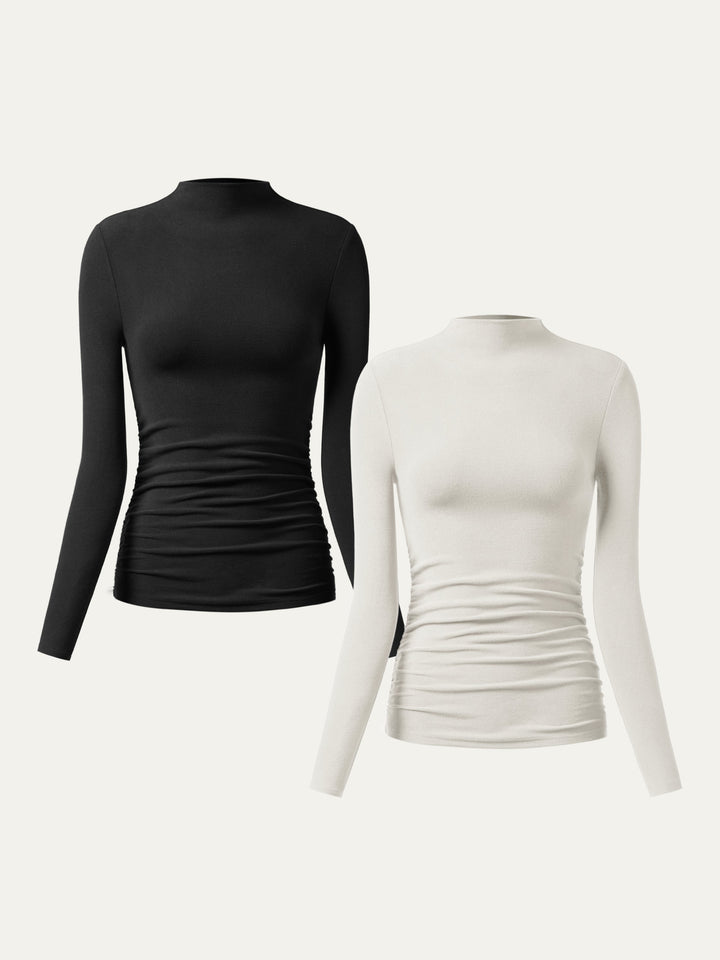 Thermal Ruched Sides Tuckable Mockneck Top Black/Off White XS