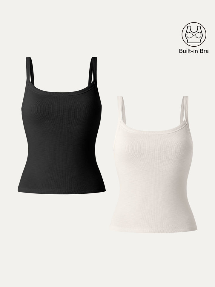 2Pcs Set Everyday Cotton Low Back New Airy Brami Tank Black/Light Ivory XS