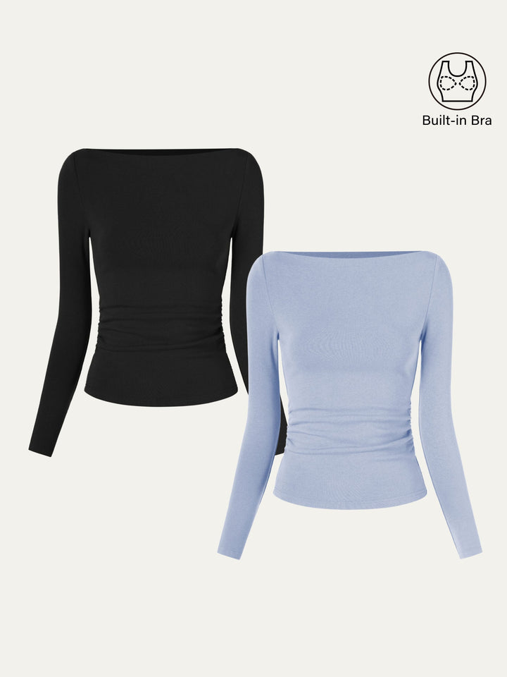 2Pcs Set Modern Side Ruched Boatneck Brami Top Black/Sea Glass XS