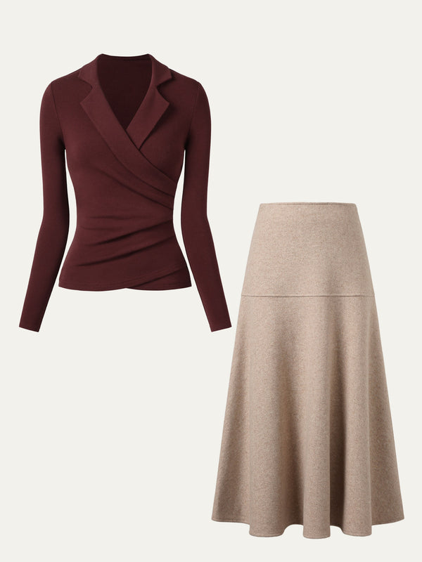 2Pcs Set Collared Surplice Top & Flared Maxi Skirt Ruby/Heather Oatmeal XS