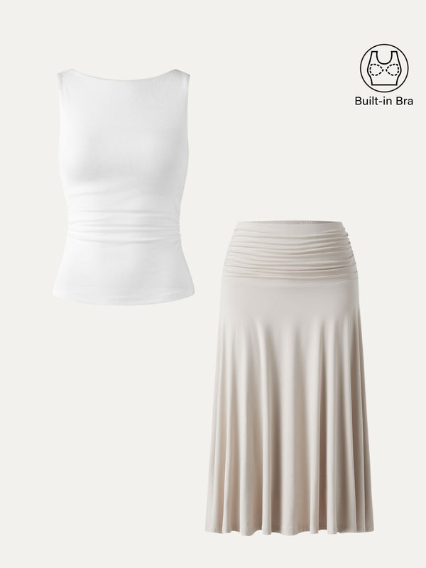 2-teiliges Set, elastisches Brami-Tanktop mit offenem Rücken und fließendem, seitlich gerüschtem A-Linien-Midirock