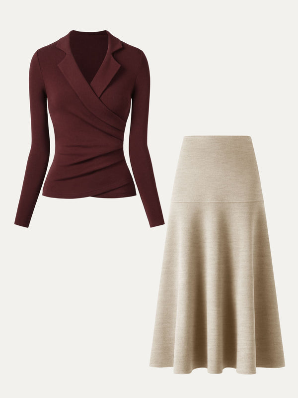 2Pcs Set Collared Surplice Top & Flared Maxi Skirt Ruby/Heather Morganite XS