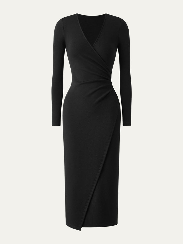 Surplice Wrap Long Sleeve Dress Black XS