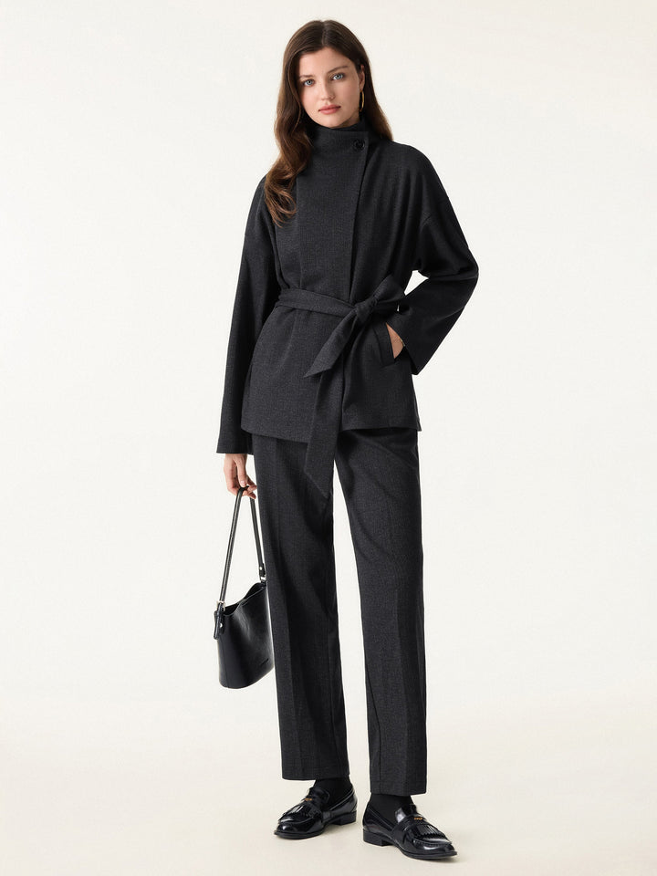 Herringbone Retro Belted Jacket with Pockets