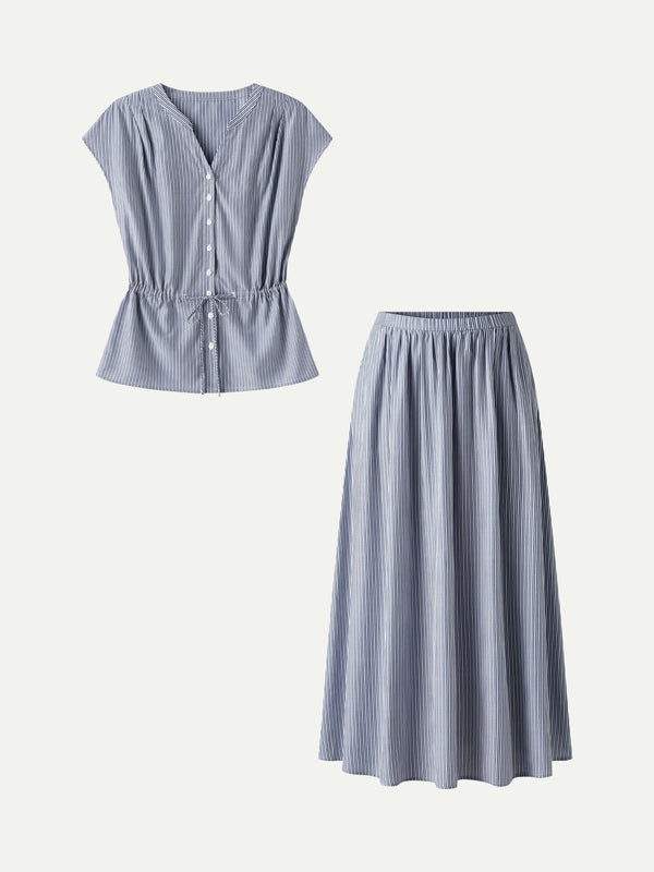 OGLmove 2Pcs Set Drawstring Waist Poplin Shirt & High Rise Midi Skirt with Pockets