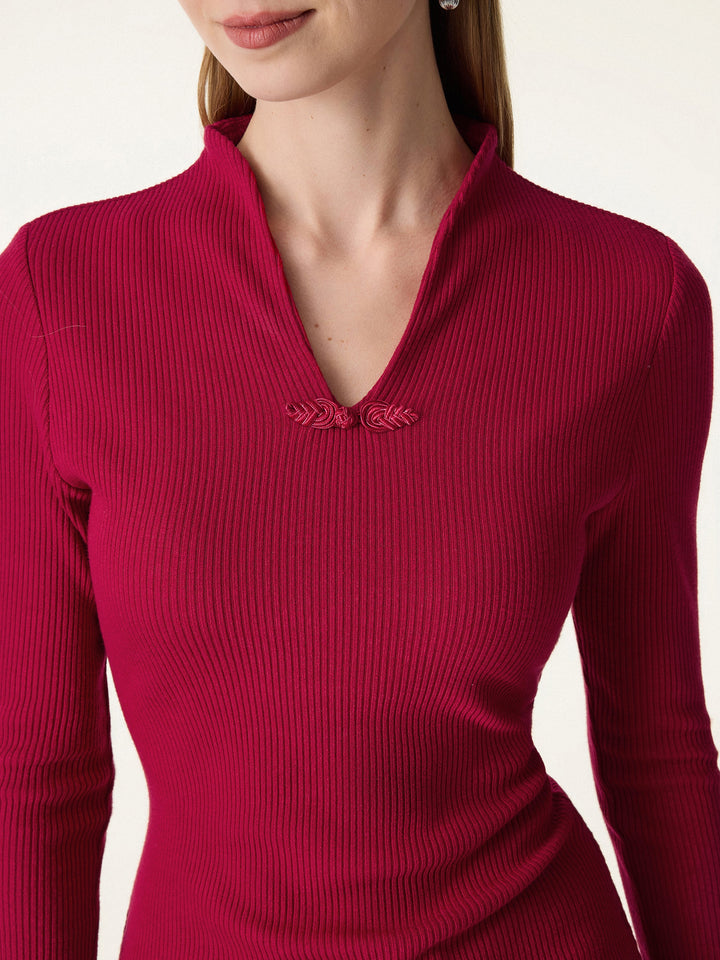 Ribbed Stand V-neck Frog Button Long Sleeve Brami