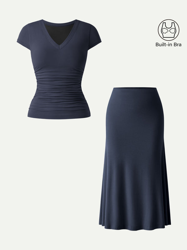 OGLmove 2Pcs Set V-neck Cap Sleeve Bra Tee & Pull-on Mermaid Midi Skirt Midnight Navy XS