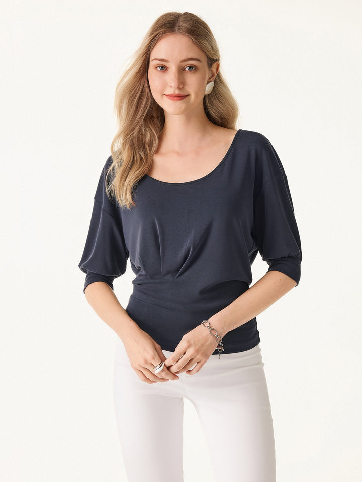 Scoop Neck Short Sleeve Tucked Tee Deep Navy XS