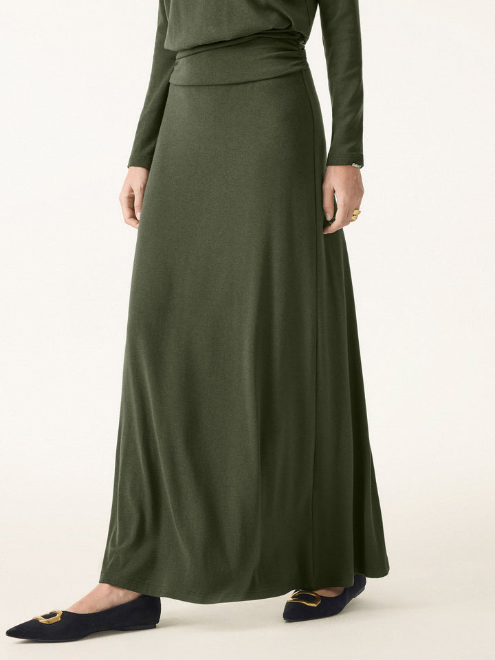 2Pcs Set Light Warm Round Neck Side Ruched Top & Pull-on Circle Flared Maxi Skirt