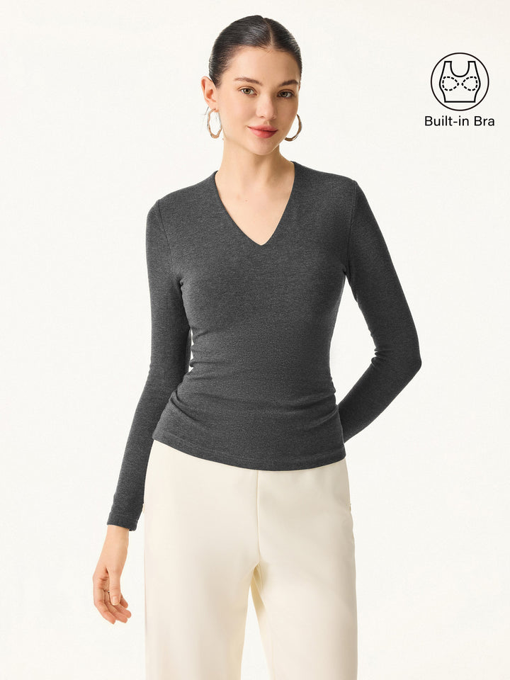 Stretch Cotton V-Neck Long Sleeve Brami Top Heather Black XS