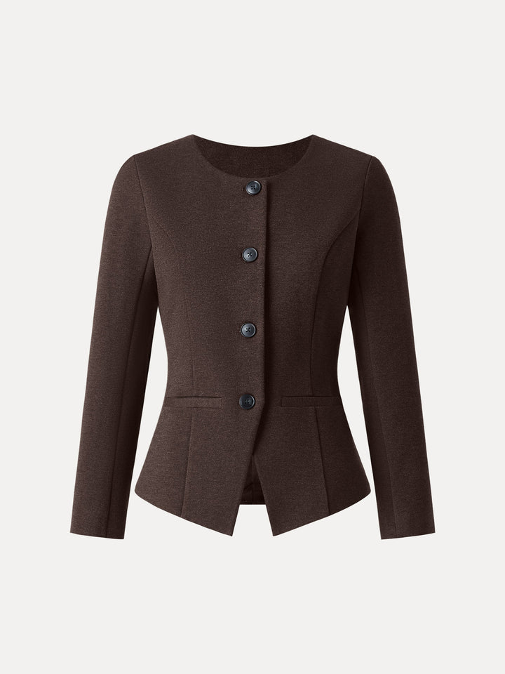 Stretch Ponte Button Front Blazer with Pockets Wood XS