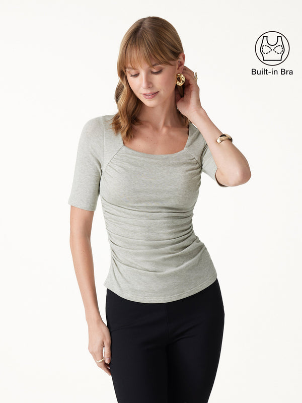 OGLmove Lyocell-Wool Square Neck Elbow Sleeve Ruched Bra Top Heather Soft Lily XXS