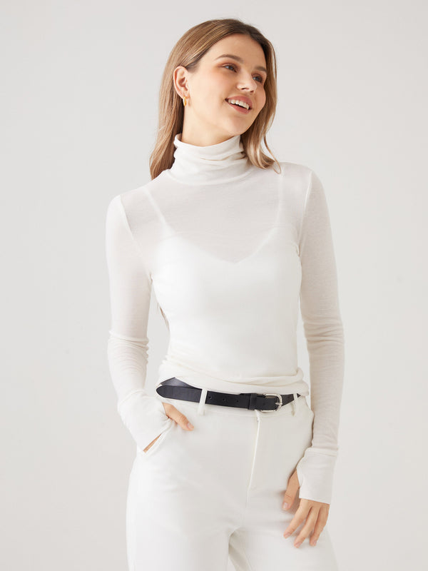 Wool Semi-Sheer Turtleneck Top Off White XS