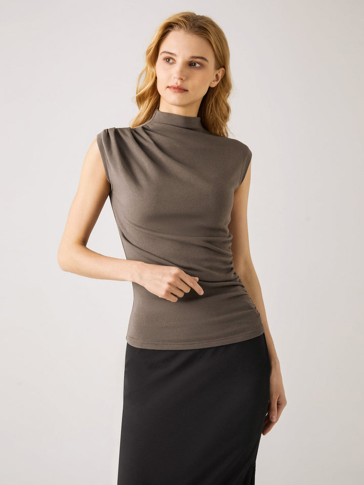 Asymmetrical Ruching Mockneck Tank Top Mocha XS