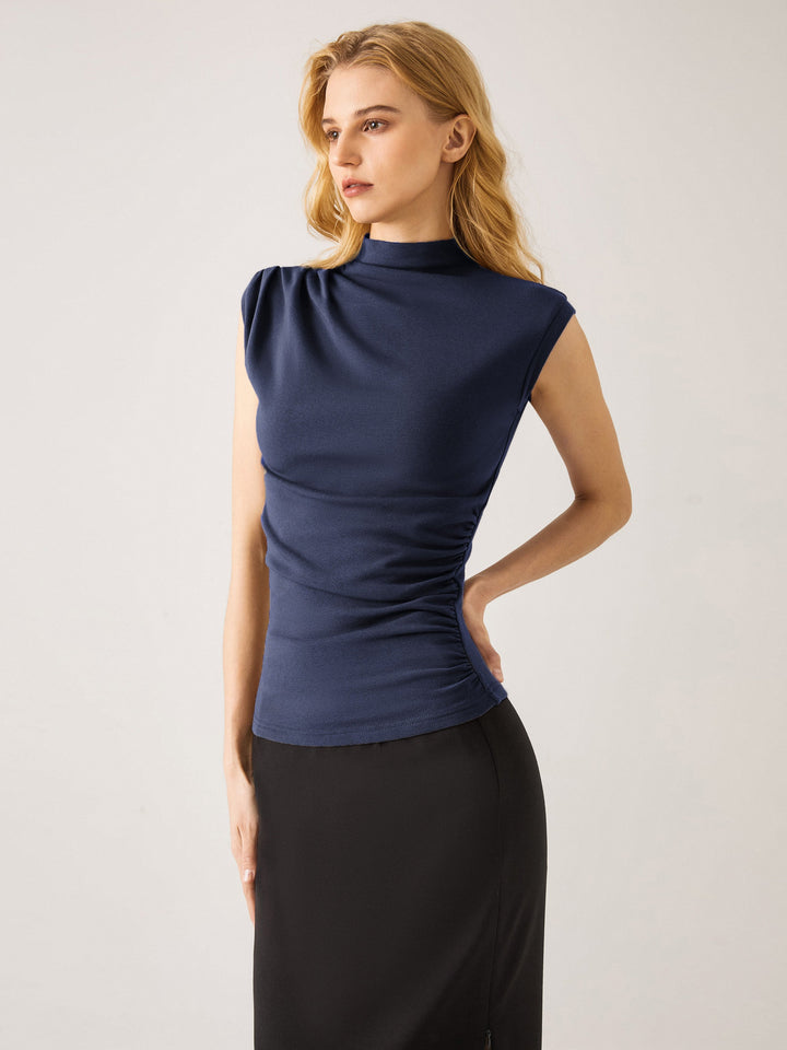 Asymmetrical Ruching Mockneck Tank Top Midnight Navy XS