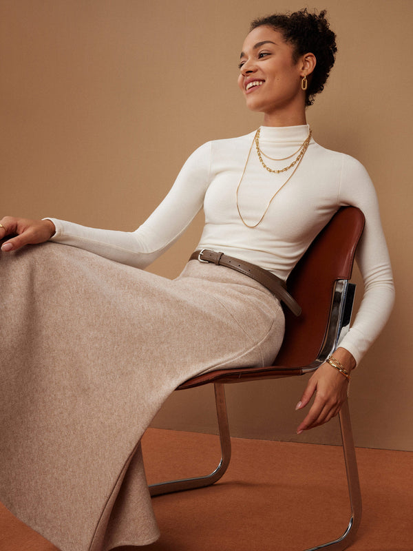 2Pcs Set Ruched Sides Tuckable Mockneck Top & Flared Maxi Skirt Off White/Heather Oatmeal XS
