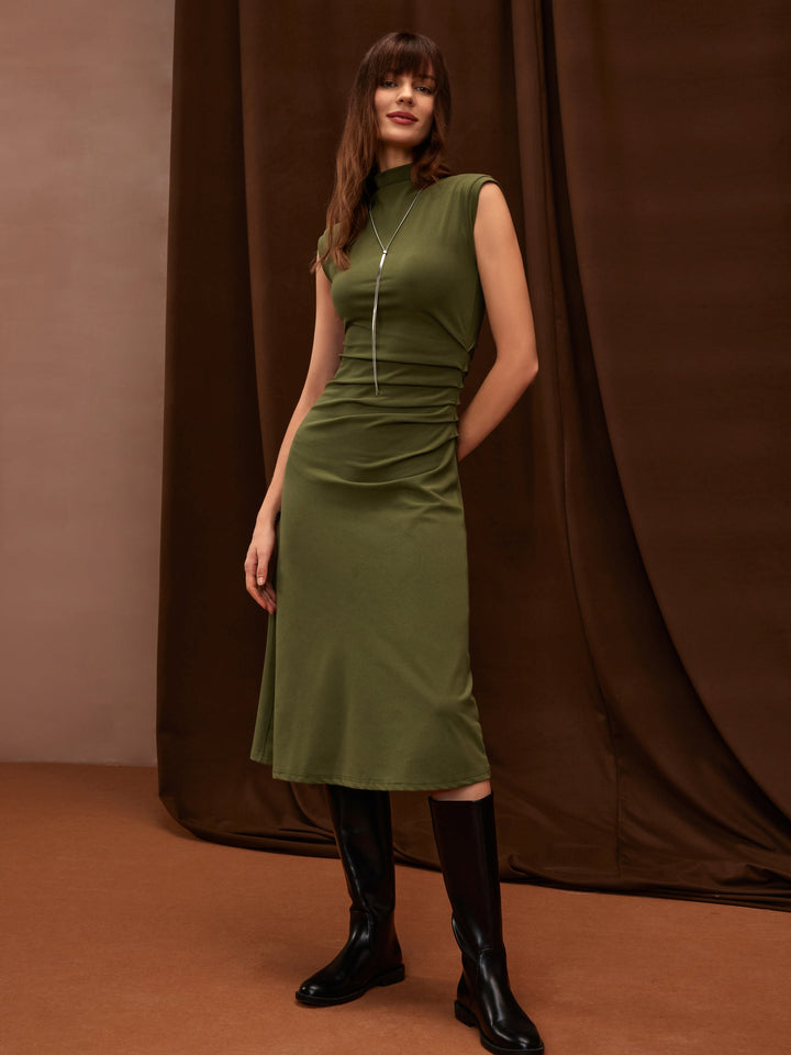 Mockneck Tucks Midi Dress Olive XS