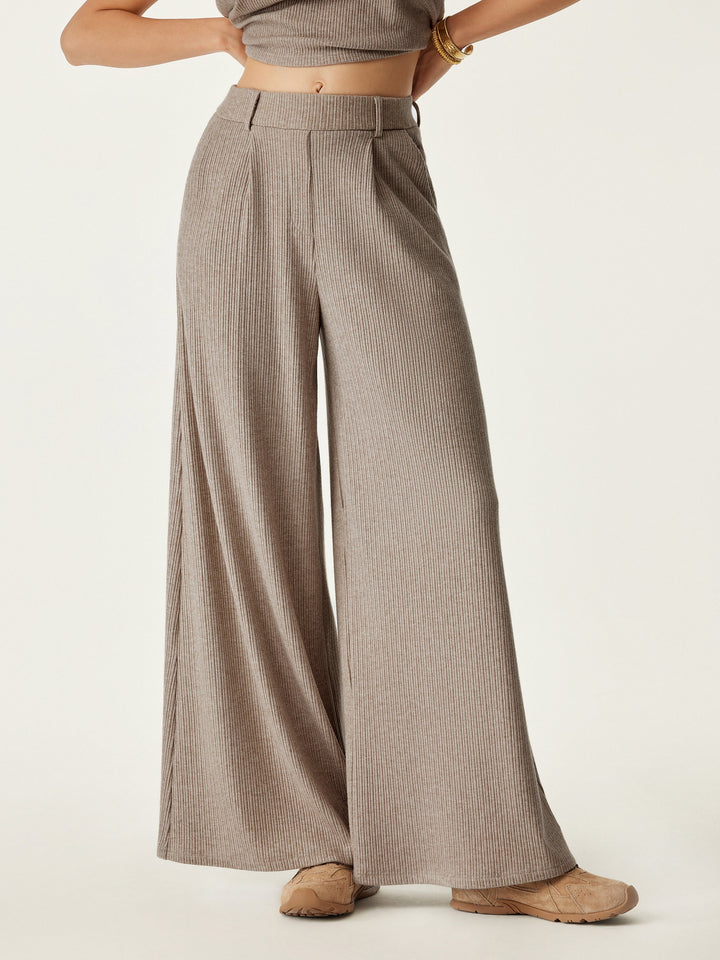 High Waisted Plicated Wide Leg Pant Heather Taupe XS