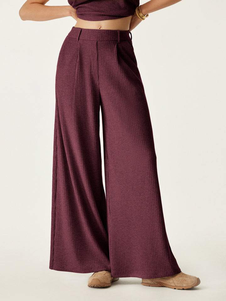 High Waisted Plicated Wide Leg Pant Wine XS