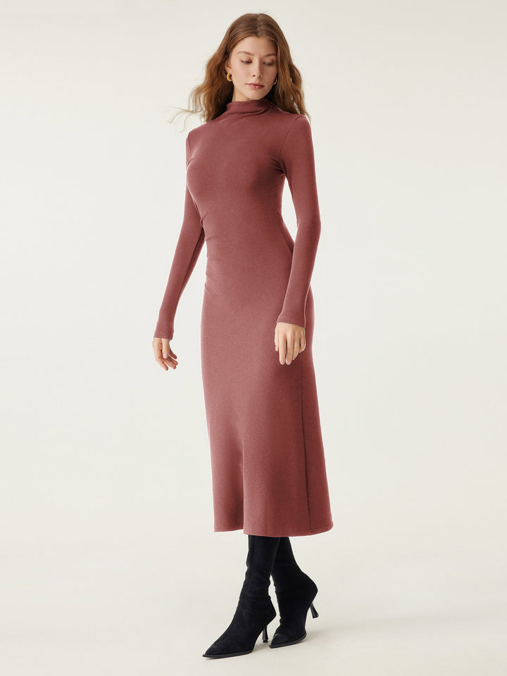 Heat-Tech Long Sleeves Mockneck Tucks Midi Dress Georgia Clay XS
