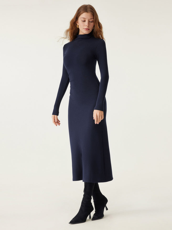 ProWarm Long Sleeves Mockneck Tucks Midi Dress