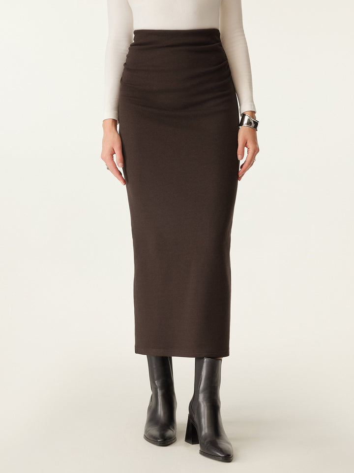 Heat-Tech Ruched Side Pencil Maxi Skirt Espresso Shut XS