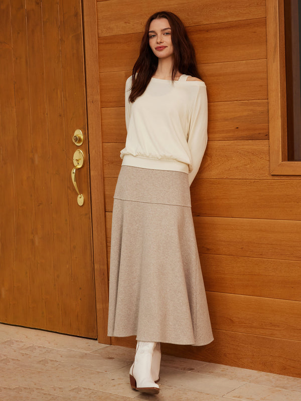2Pcs Set Heat-Tech Multi-Wear Layering Brami Top & Wool-like Flared Maxi Skirt Off White/Heather Oatmeal XS