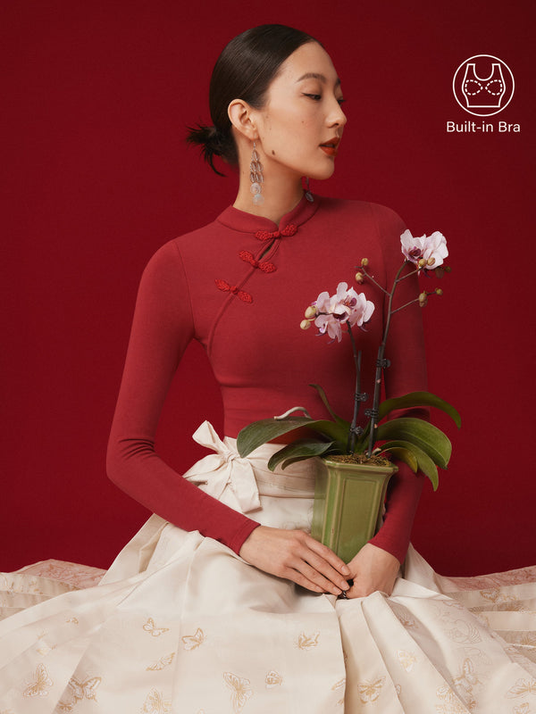 Mandarin Collar Asymmetric Frog Button Brami Top Limited Edition Christmas Red XS