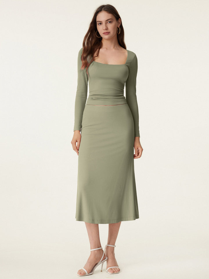 2Pcs Set Square Neck New Airy Brami & Breezy Pull-on Midi Skirt Tate Olive XS
