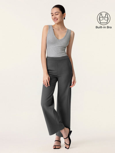 2Pcs Set V-neck Cotton Brami Tank & Mid Rise Straight Pant with Pockets