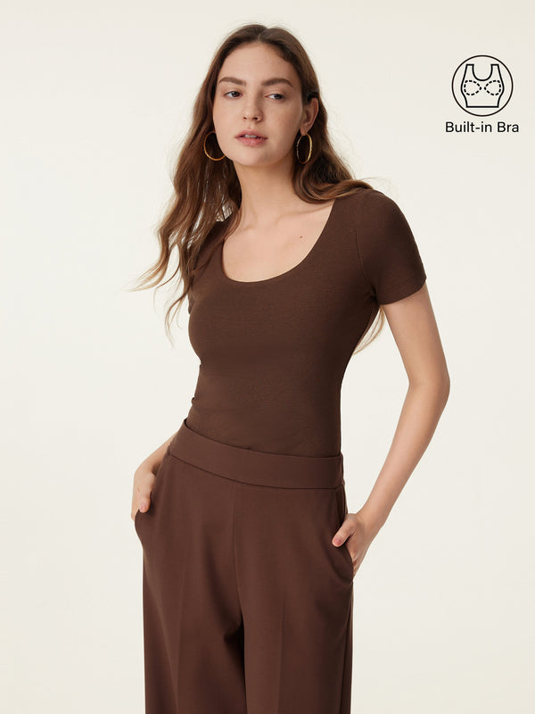 OGLmove Scoop Neck Short Sleeve Cotton New Airy Bra Top Chestnut XS