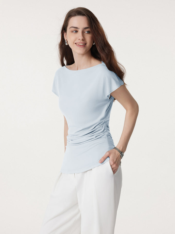 2Pcs Set Boatneck Flutter Sleeve Long Tee & Non-sheer Mid Rise Trouser with Pockets