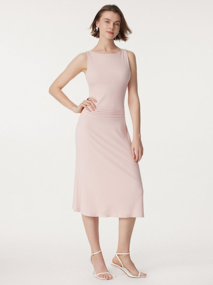Boatneck Side Ruched New Airy Brami Midi Dress