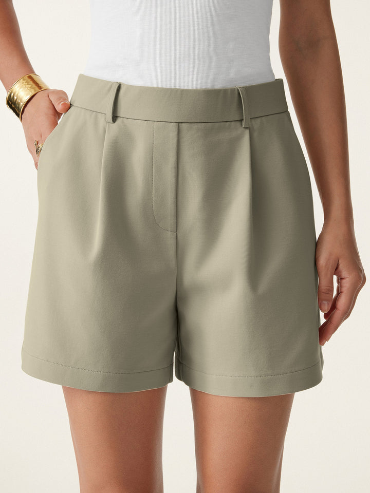 2Pcs Set Mid Rise Smart Pleated Pull-on Shorts with Pockets